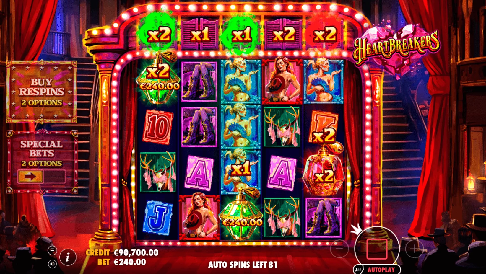 Heartbreakers - pangunahing screen ng reels at top row ng mga multiplier